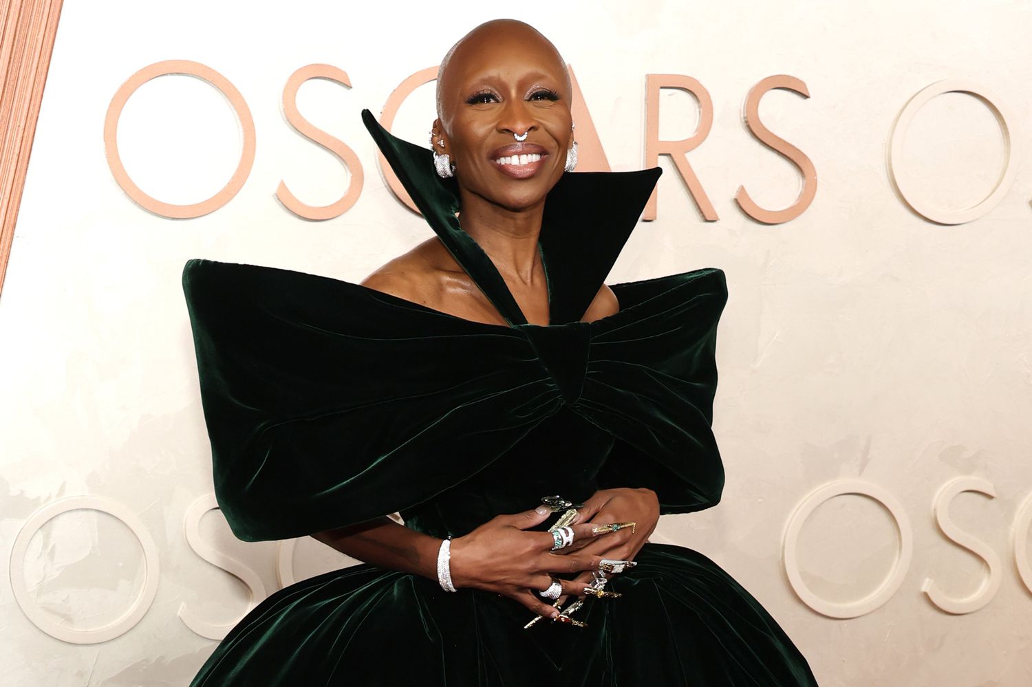 Cynthia Erivo on the red carpet in her signature bald style